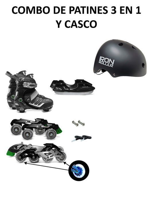 Combo De Patines 3 En 1 Ajustables Y Casco