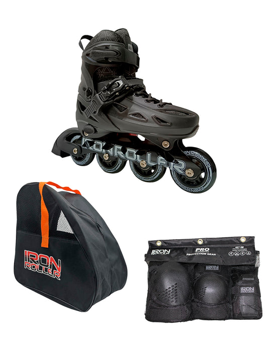 Combo De Patines Ajustables Protecciones Y Bolsa Speed Black