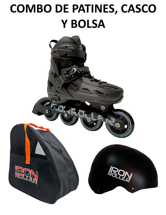 Combo De Patines Ajustables Casco Y Bolsa Speed Black