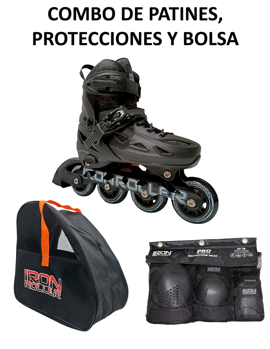 Combo De Patines Ajustables Protecciones Y Bolsa Speed Black