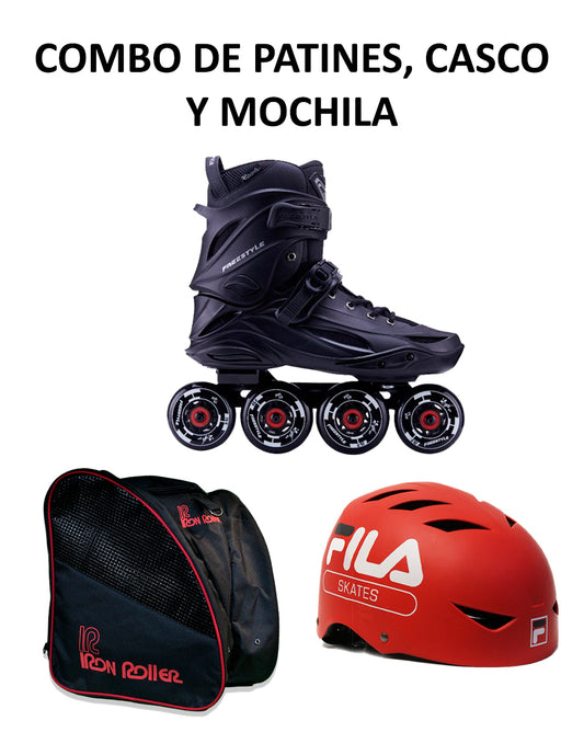 Combo De Patines Casco Y Mochila Negro