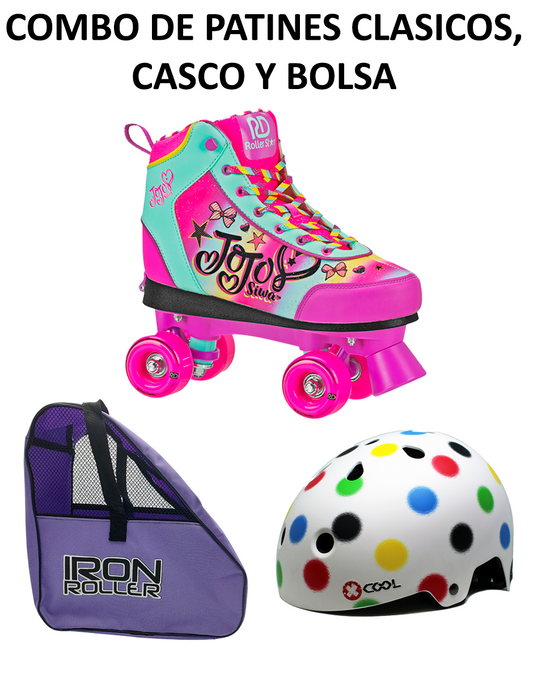 Combo De Patines Clásicos Ajustables, Casco Dots Y Bolsa De Carga