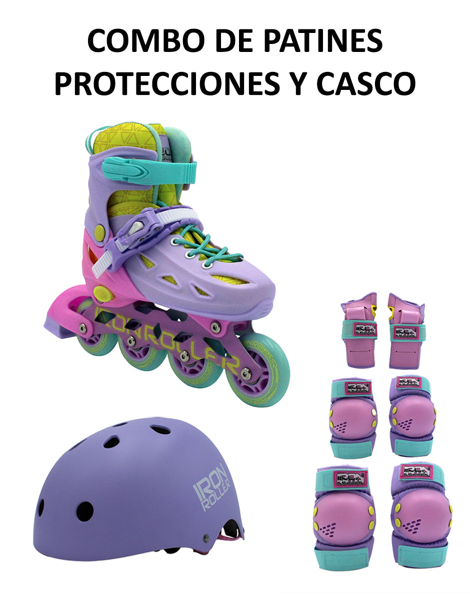 Combo De Patines Ajustables Speed Rainbow Casco Y Protecciones