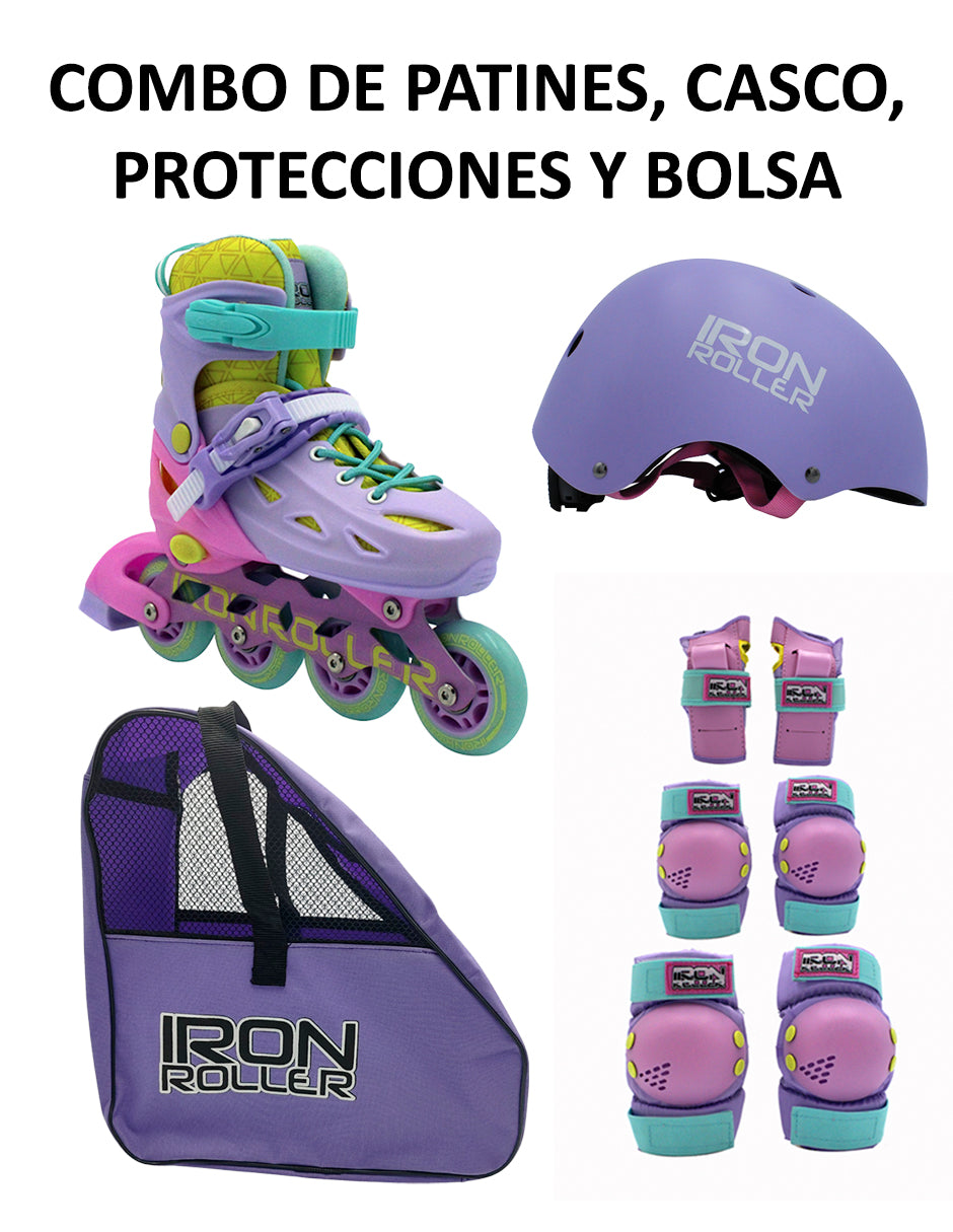Combo Patines Ajustables Casco Protecciones Y Bolsa Rainbow