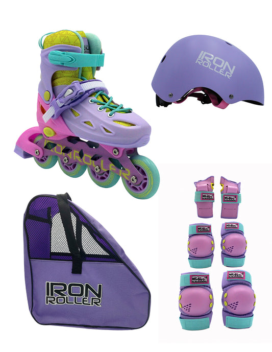 Combo Patines Ajustables Casco Protecciones Y Bolsa Rainbow