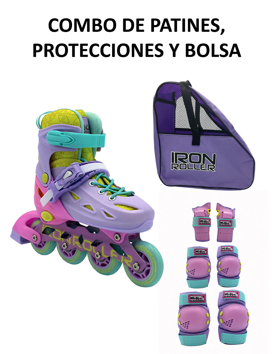 Combo Patines Ajustables Protecciones Y Bolsa Speed Rainbow