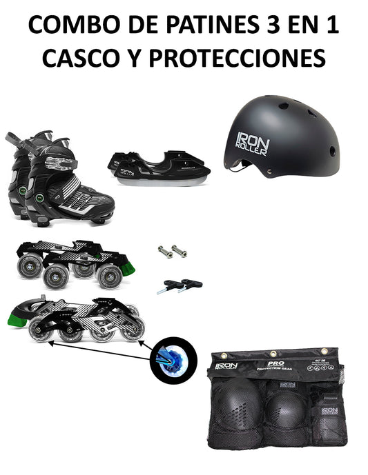 Combo De Patines 3 En 1 Ajustables, Casco Y Protecciones