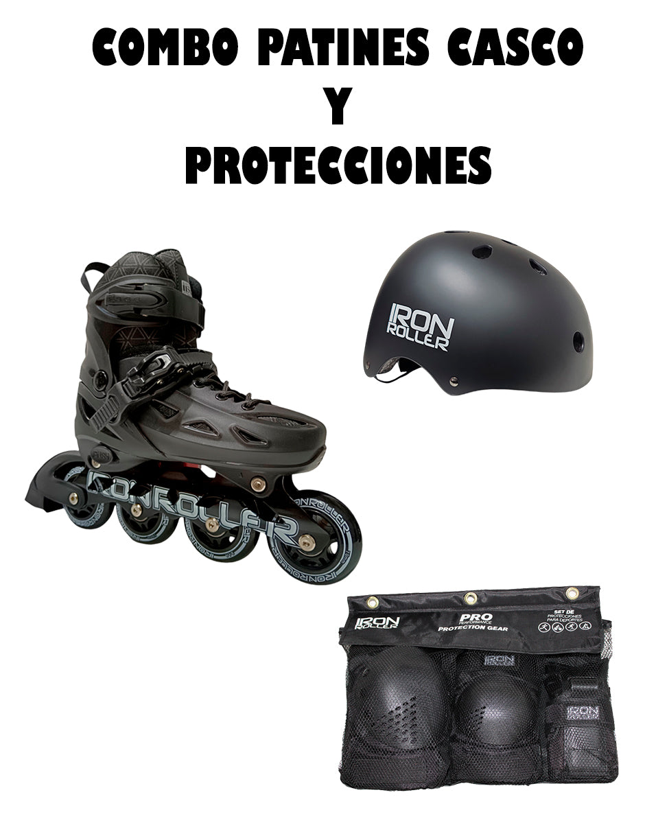 Combo De Patines Ajustables, Casco Y Protecciones Negro Total