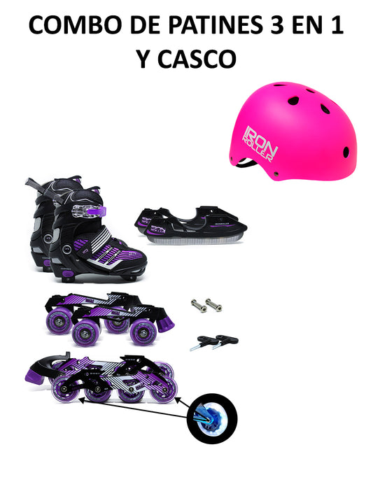 Combo De Patines 3 En 1 Ajustables Y Casco