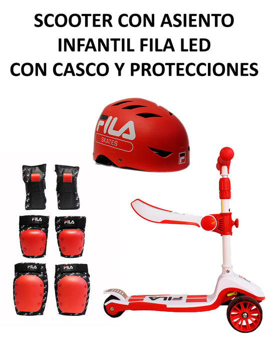 Combo Scooter Infantil Fila Con Asiento Casco Y Protecciones