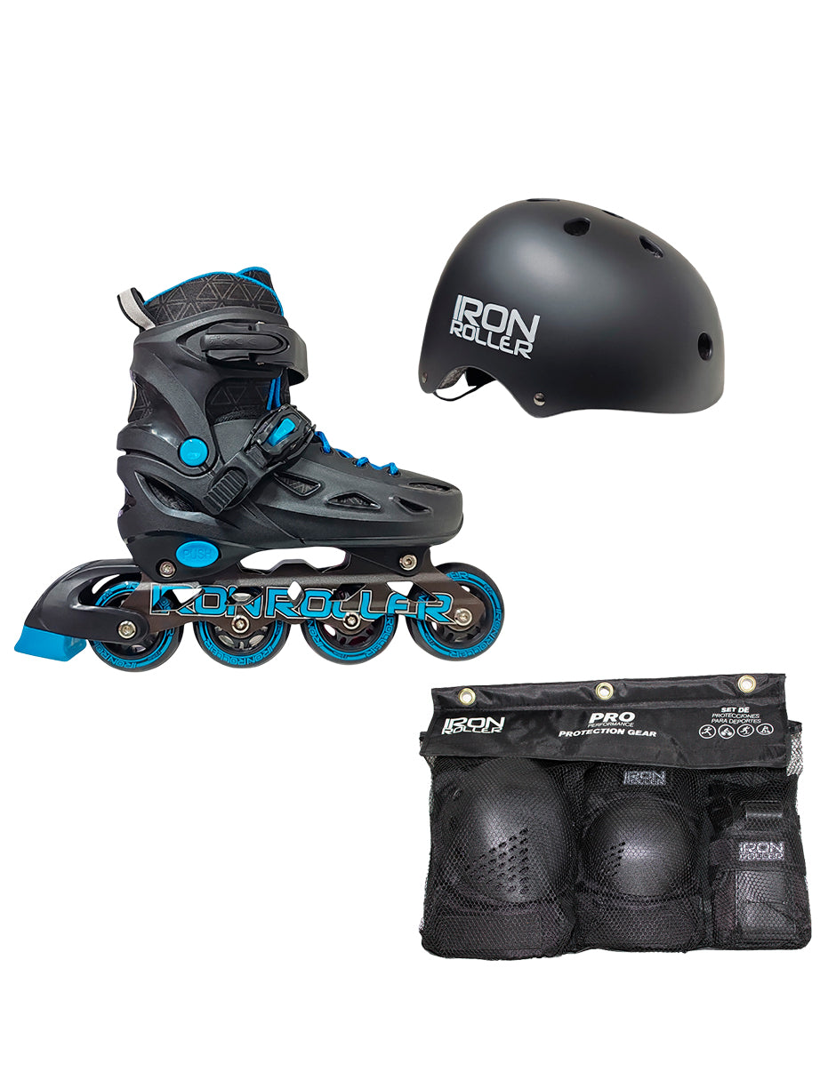 Combo De Patines Ajustables, Casco Y Protecciones Negro