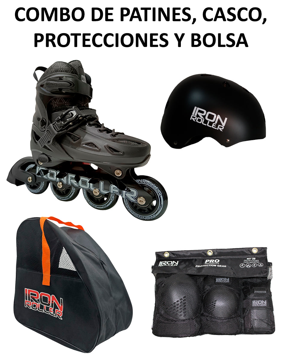 Combo De Patines, Casco, Protecciones Y Bolsa Speed Black