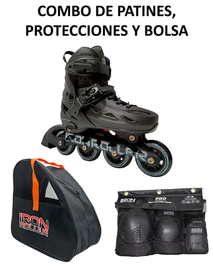 Combo De Patines Ajustables Protecciones Y Bolsa Speed Black