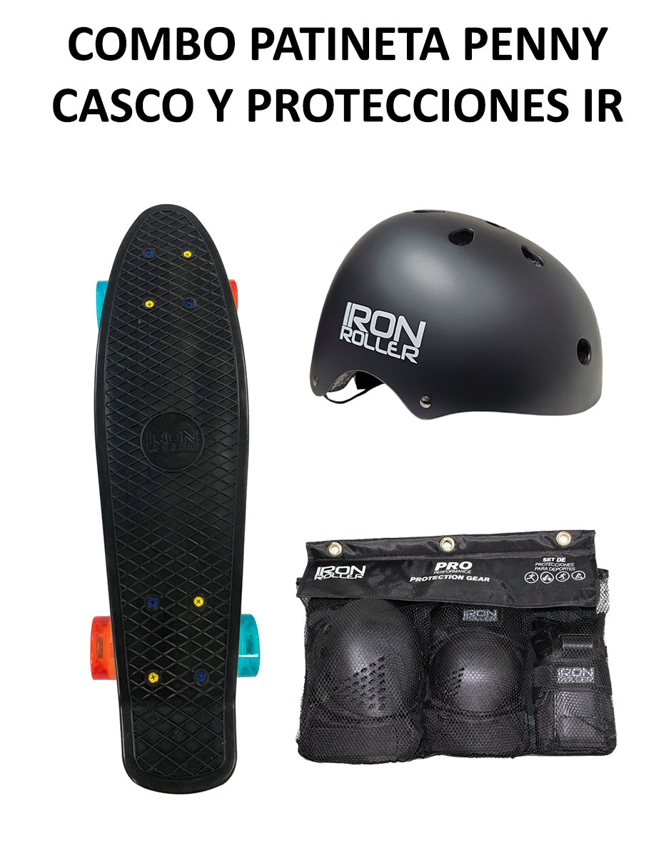 Combo De Patineta Penny Negra, Casco Y Protecciones