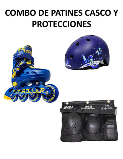 Combo De Patines Ajustables, Casco Y Protecciones Speed Azul