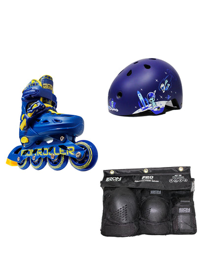 Combo De Patines Ajustables, Casco Y Protecciones Speed Azul