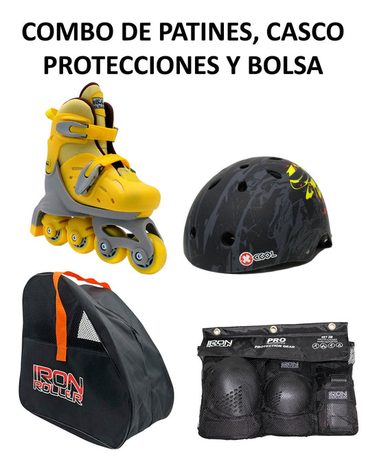 Combo De Patines Ajustables Casco Protecciones Y Bolsa Ir