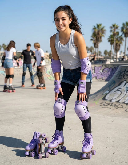Kit Protección Patinaje Rodilleras Coderas Muñequeras Lila