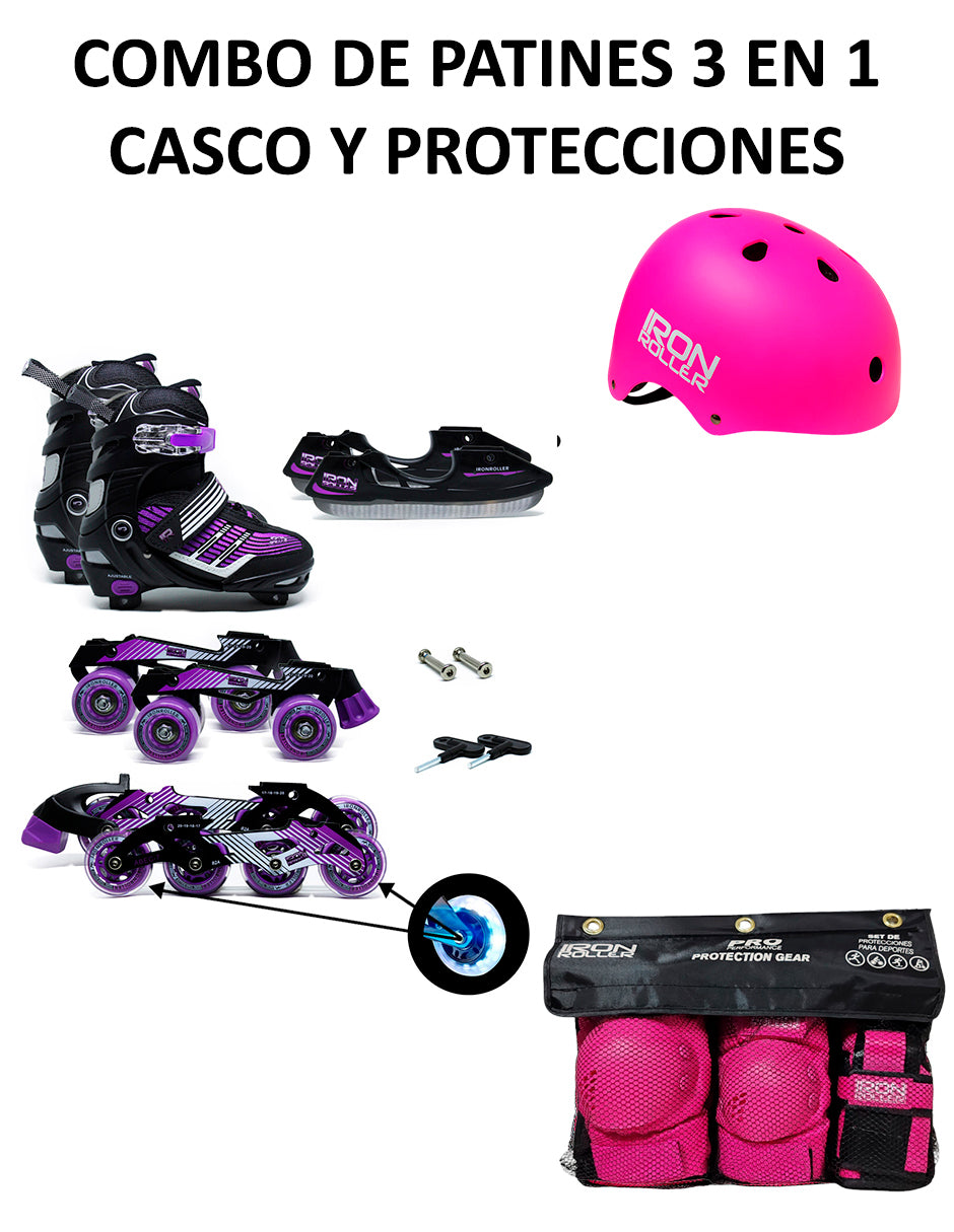 Combo De Patines 3 En 1 Ajustables, Casco Y Protecciones