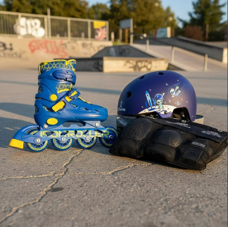 Combo De Patines Ajustables, Casco Y Protecciones Speed Azul