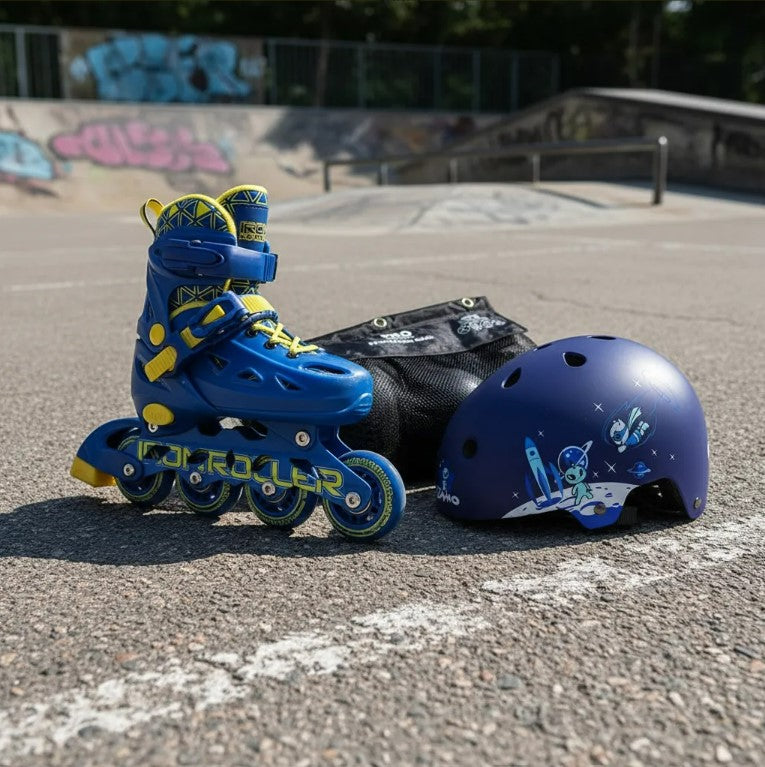 Combo De Patines Ajustables, Casco Y Protecciones Speed Azul
