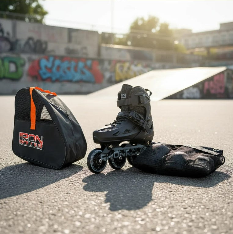 Combo De Patines Ajustables Protecciones Y Bolsa Speed Black