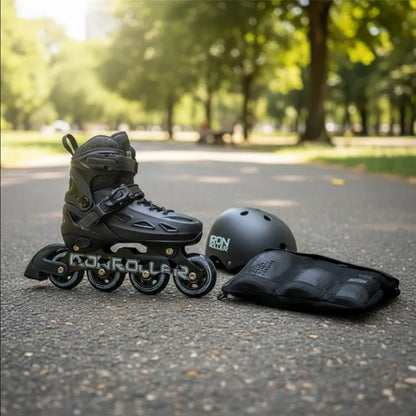Combo De Patines Ajustables, Casco Y Protecciones Negro Total